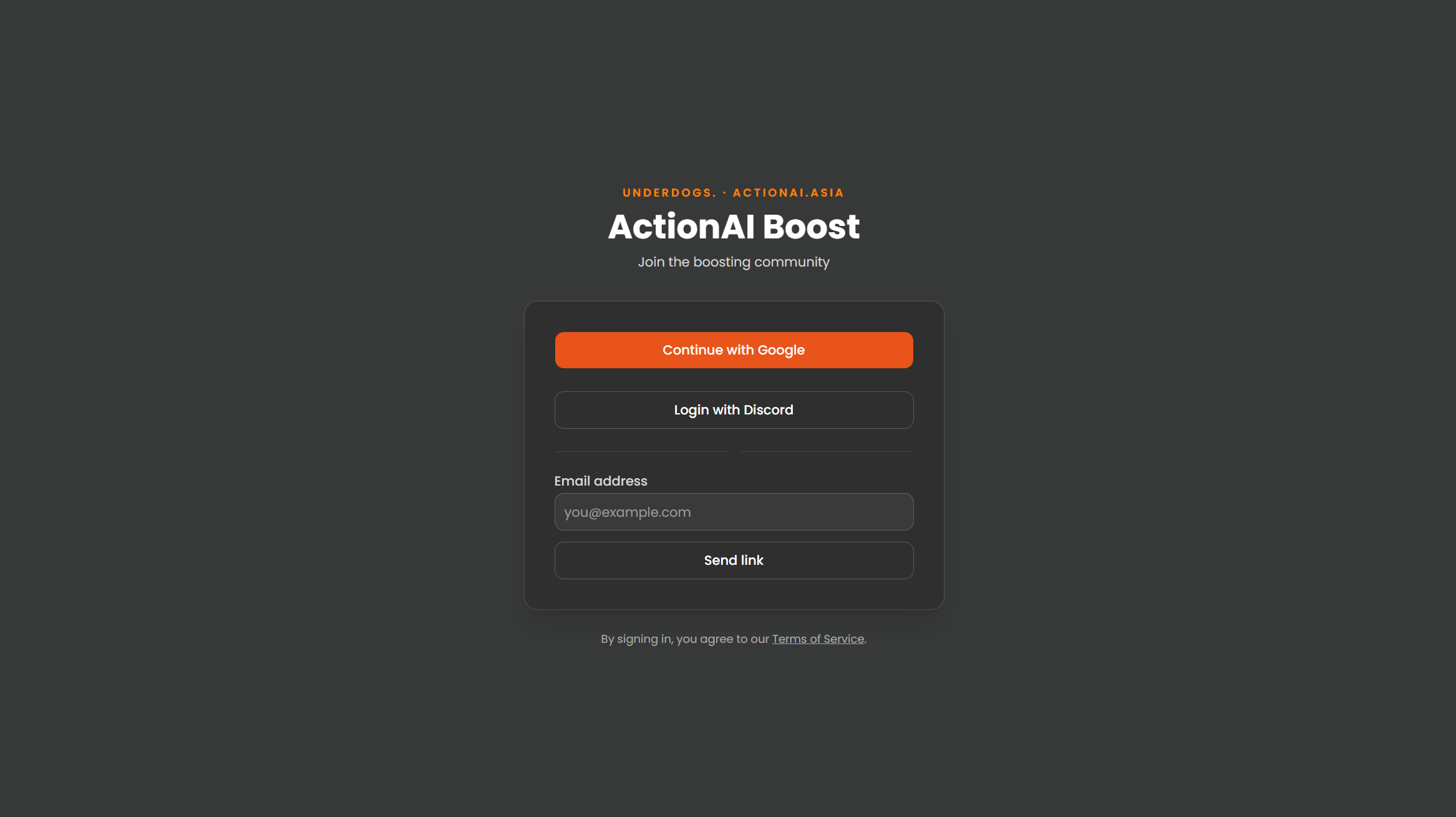 ActionAI Boost — sign-in screen
